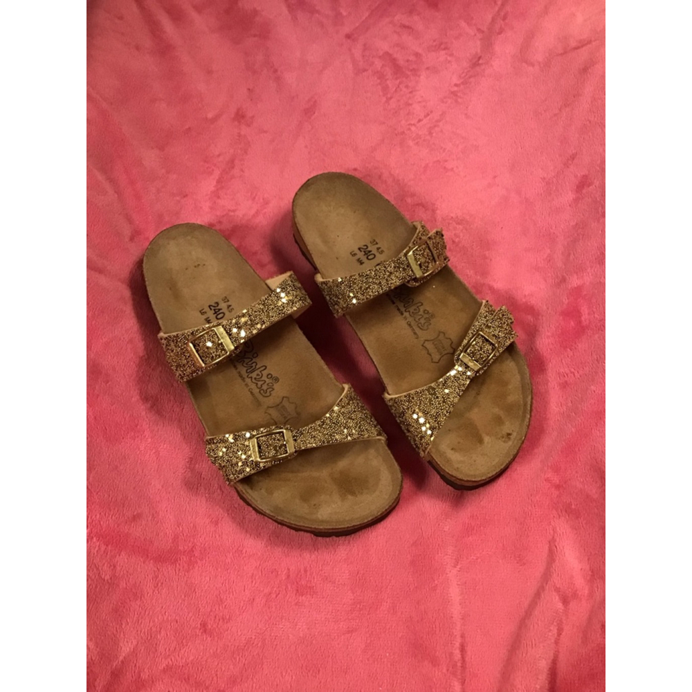 Birki's Gold Glitter Tan Two-Strap Sandals US 6